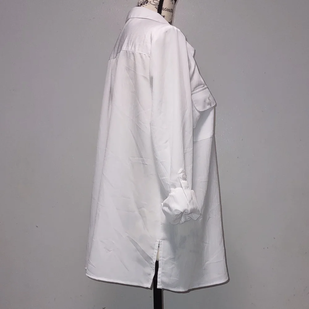 Notations White Collared Long Sleeve Tops Size L Roll Tab 100% Polyester - Picture 4 of 15